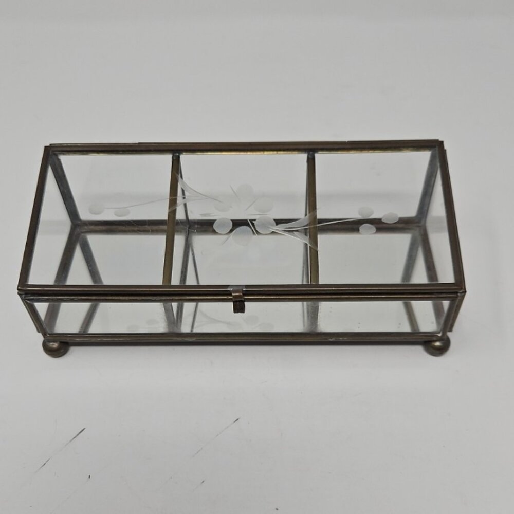 Vintage Mirrored Brass Leaded Etched Glass Divided Jewelry Trinket Box Casket